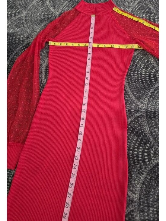 ALMOST FAMOUS Red Ribbed Knit Turtleneck Sheer Sleeve Bodycon Dress Size S
