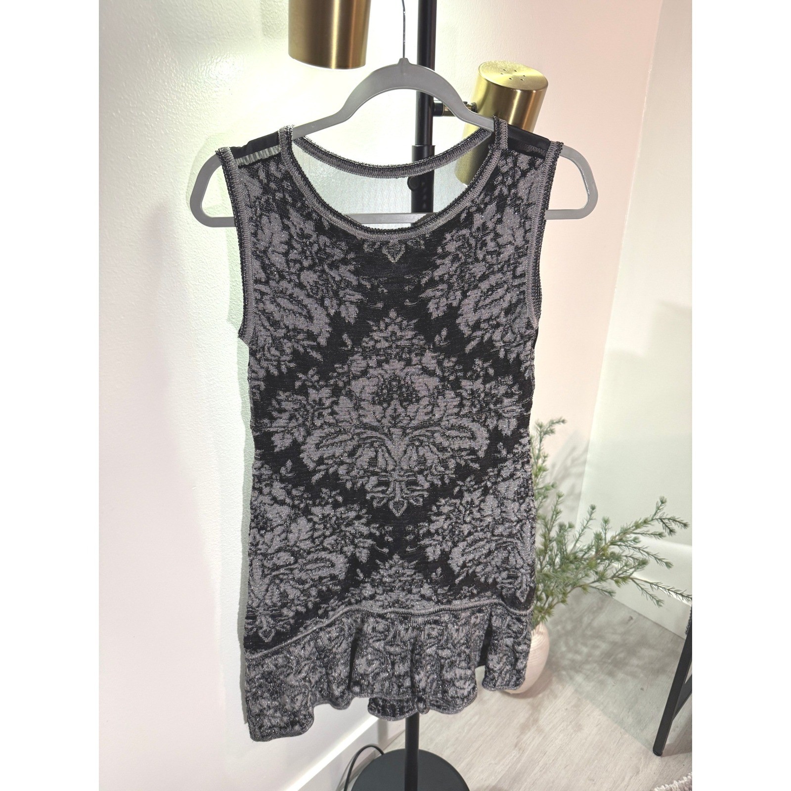 Le Lis stretch mini bodycon sheer panel damask SM black gray french grunge euc