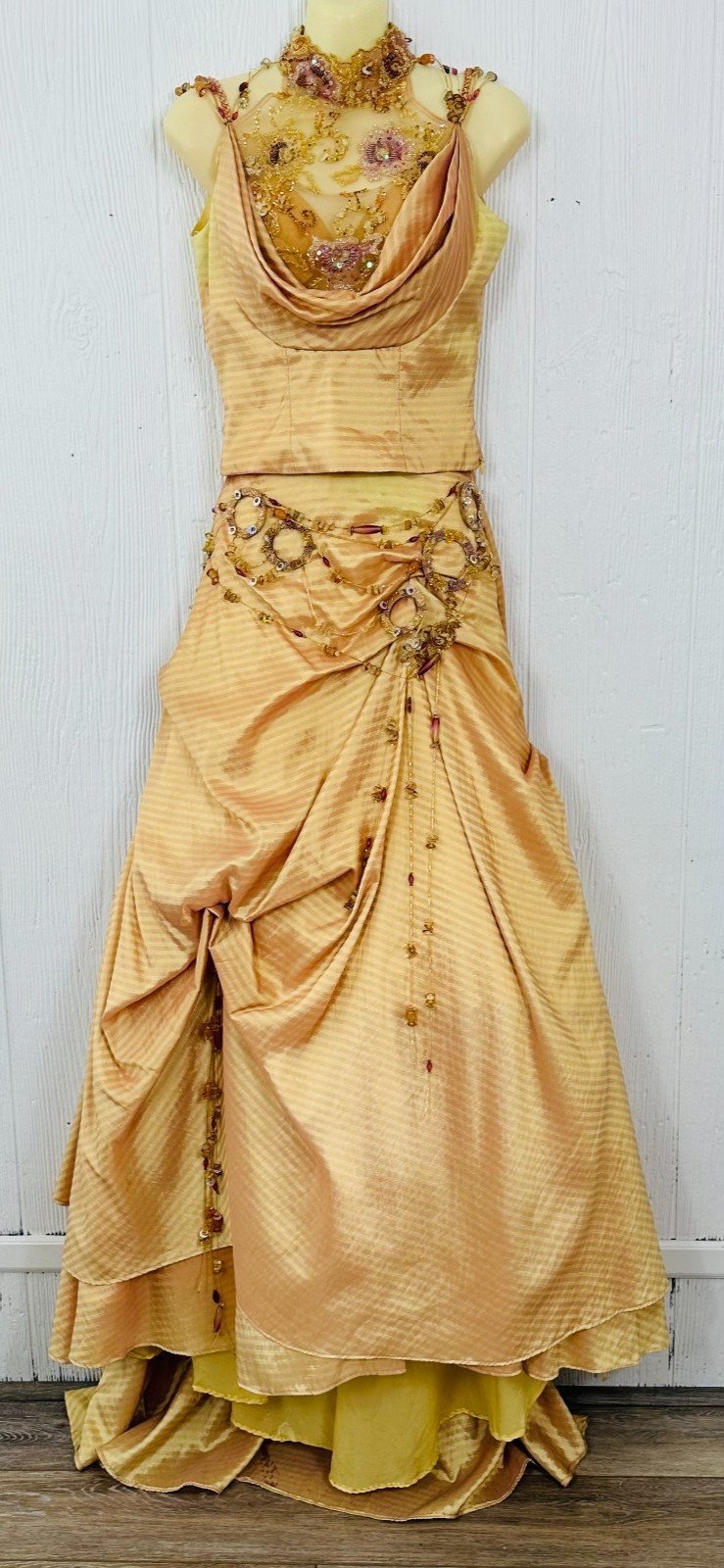 MIKE BENET Champagne Vintage Beaded 2 Piece Gown Skirt Crop Top Satin Tulle 6