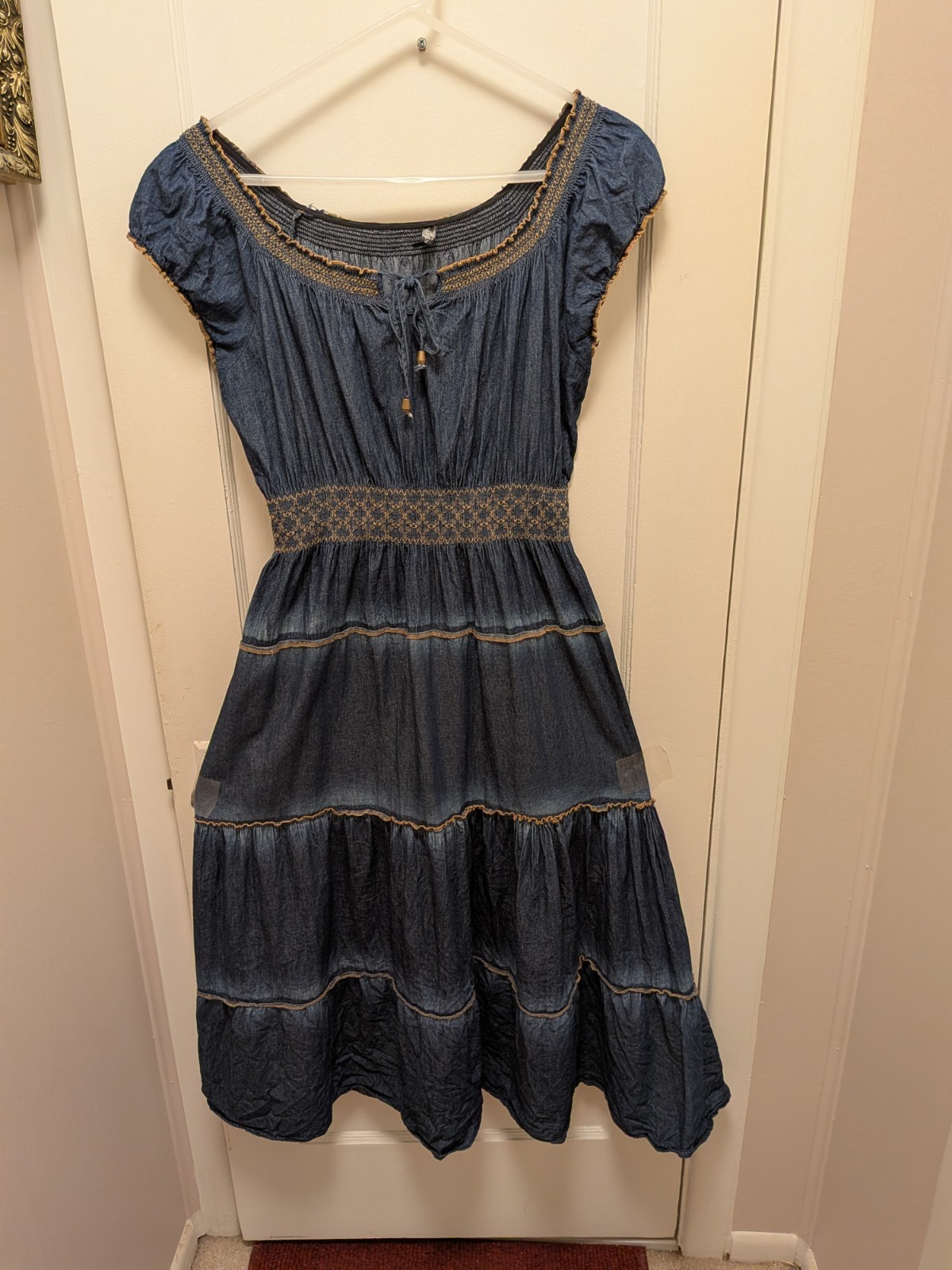 Indigo & Lace Blue Embroidered Tiered Peasant Boho Long Dress Size LG