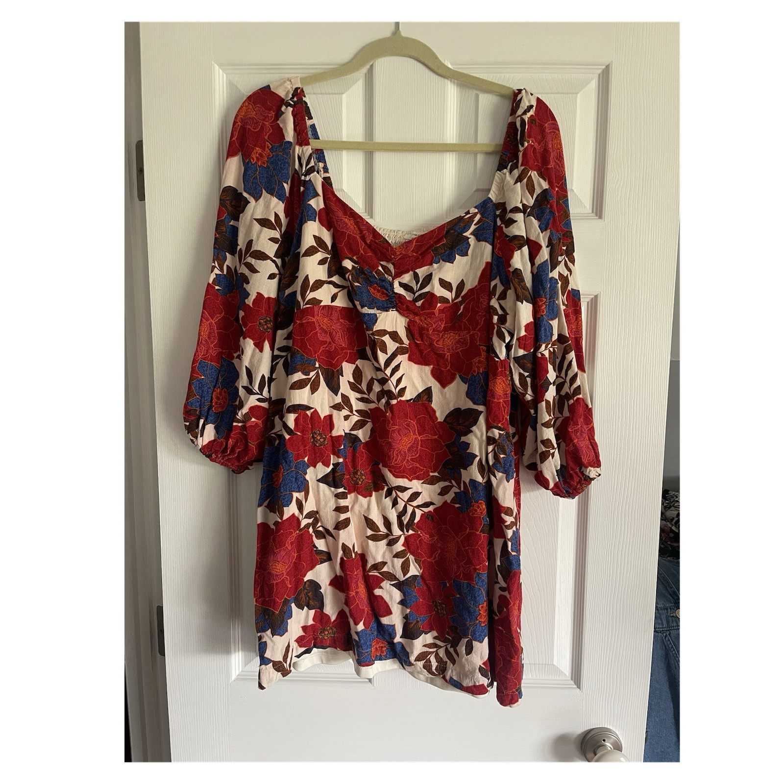 Maurices Floral Short Dress XL Red Blue Brown Smocked Balloon Sleeve Square Neck