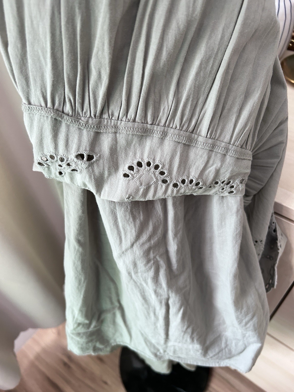 ZARA Green Solid Smocked Eyelet Tie Strap Sleeveless Maxi Long Dress XS