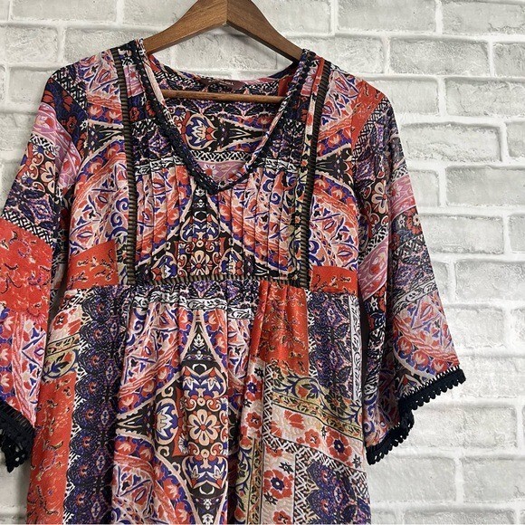 Ranna Gill Anthropologie Bohemian Tribal Bell Sleeve Neutral Colors LS Dress XXS
