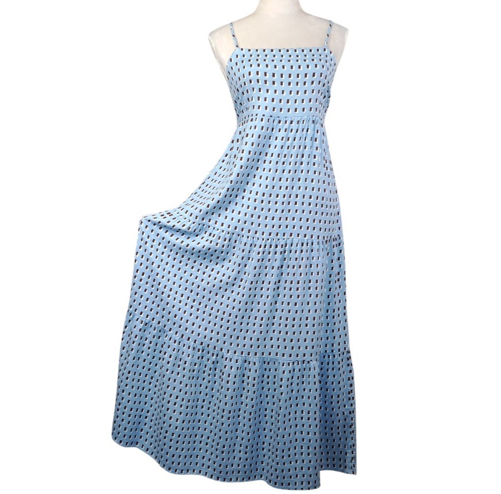 Monteau Los Angeles Blue Smocked Maxi Dress Size M Rayon Linen Tiered Flowy Boho