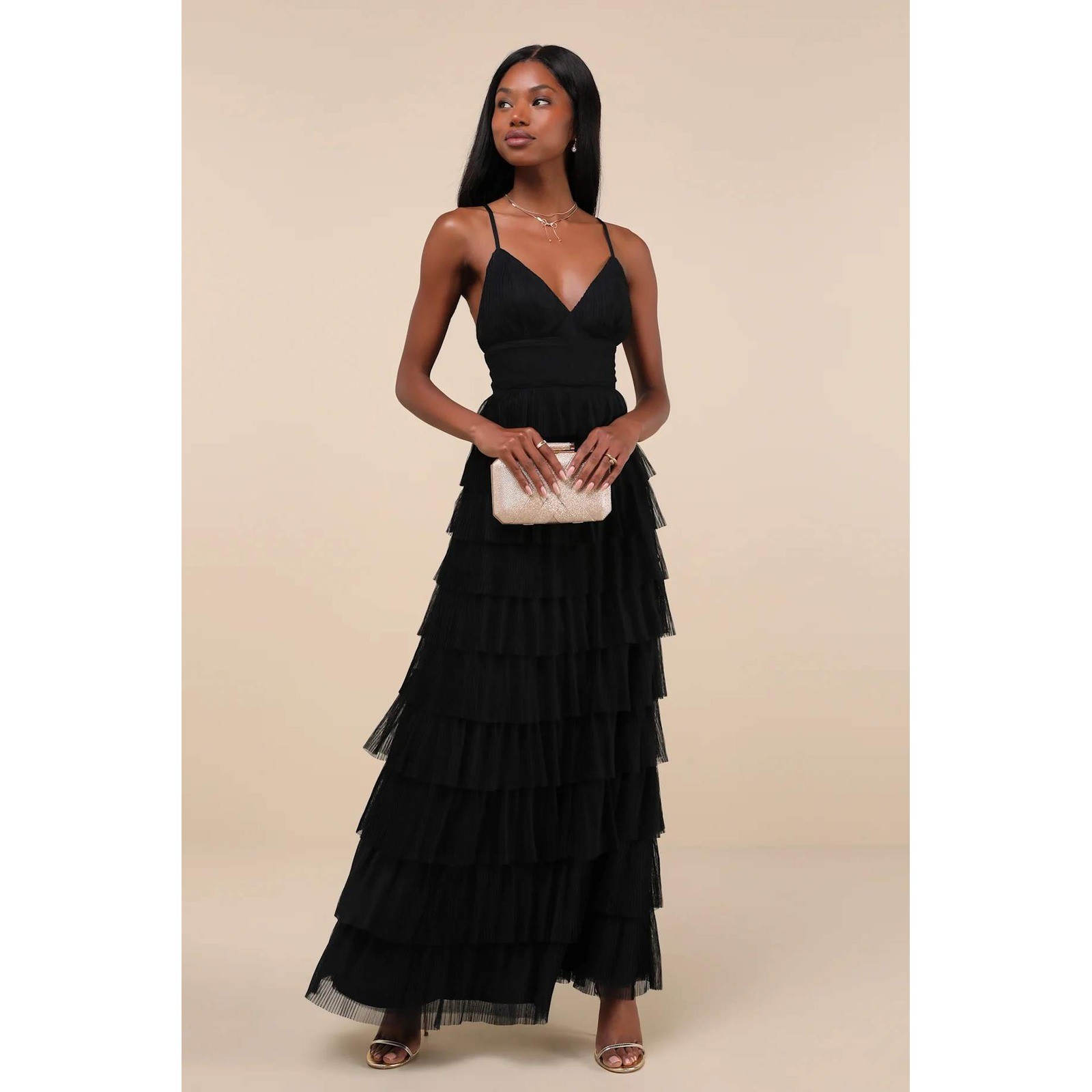 NWT Lulus Radiant Event Black Mesh Tiered Pleated Backless Maxi Dress Medium