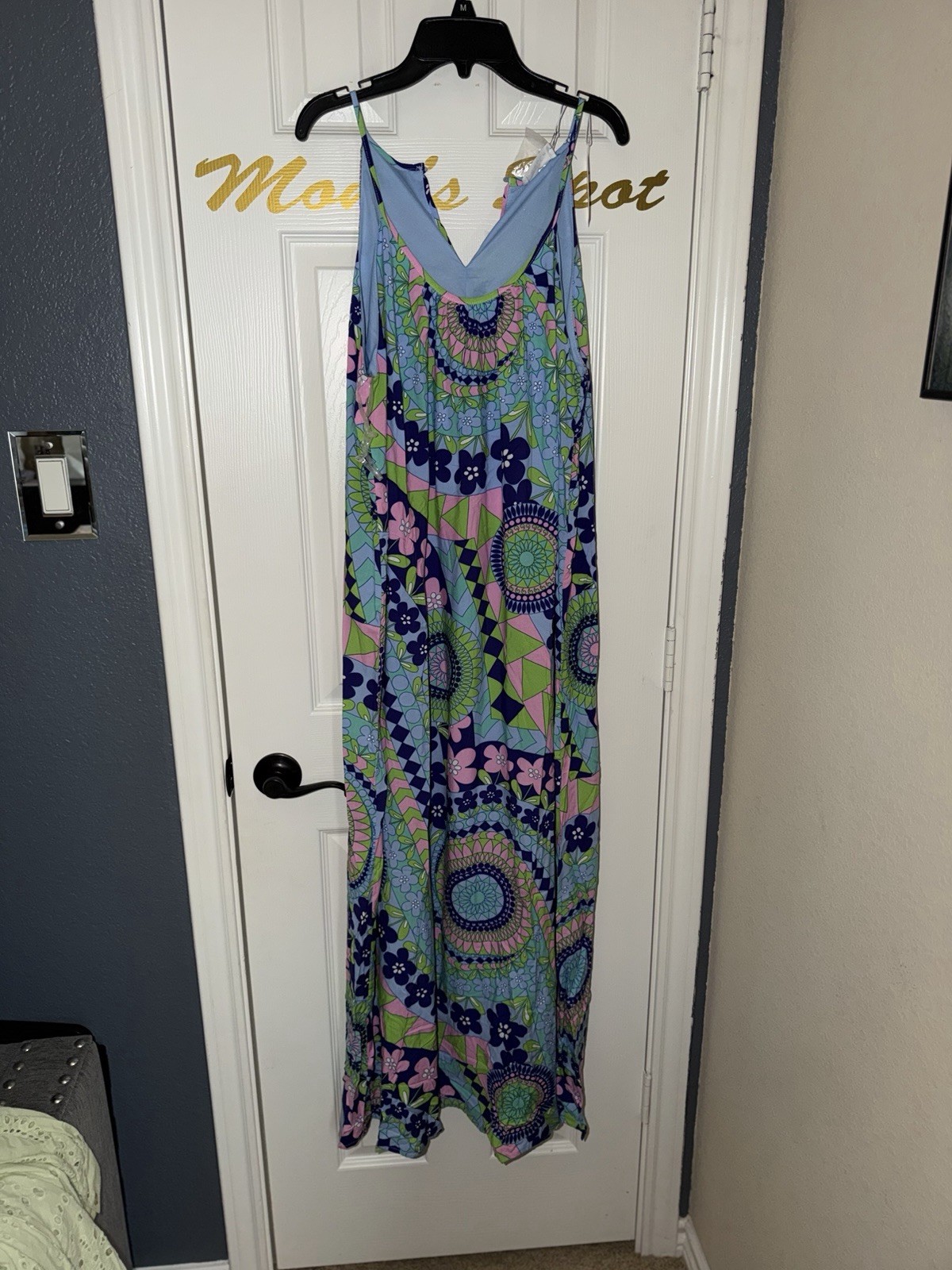 Emily Wonder Ikat Maxi Dress Teal Pink Boho Resort Sundress L