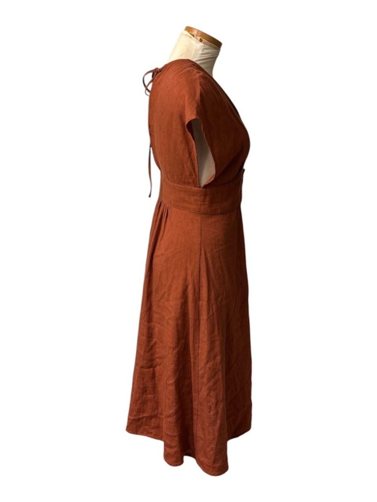 Charlie Holiday Rust Button Down Plunge Neckline Midi Dress Linen Size 2
