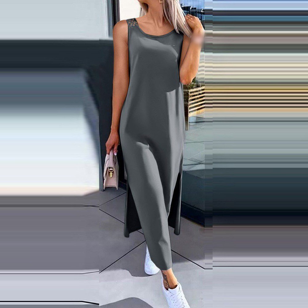 Women’s Openwork Sleeveless Slit Vest Dress Over The Knee