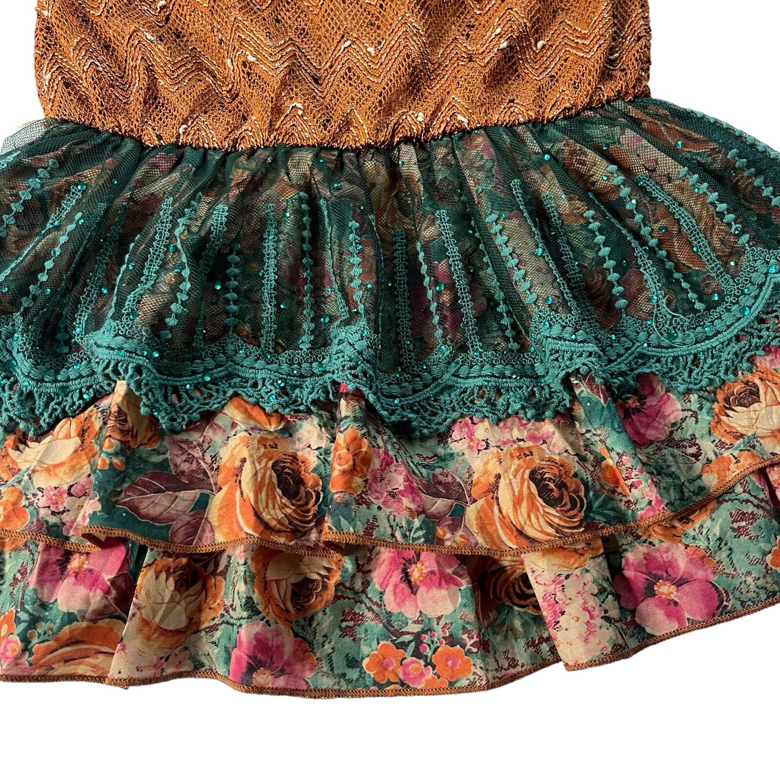 He Juan Womens Medium Brown Teal Sequin Silk Knit Tank Ruffle Layered Mini Dress