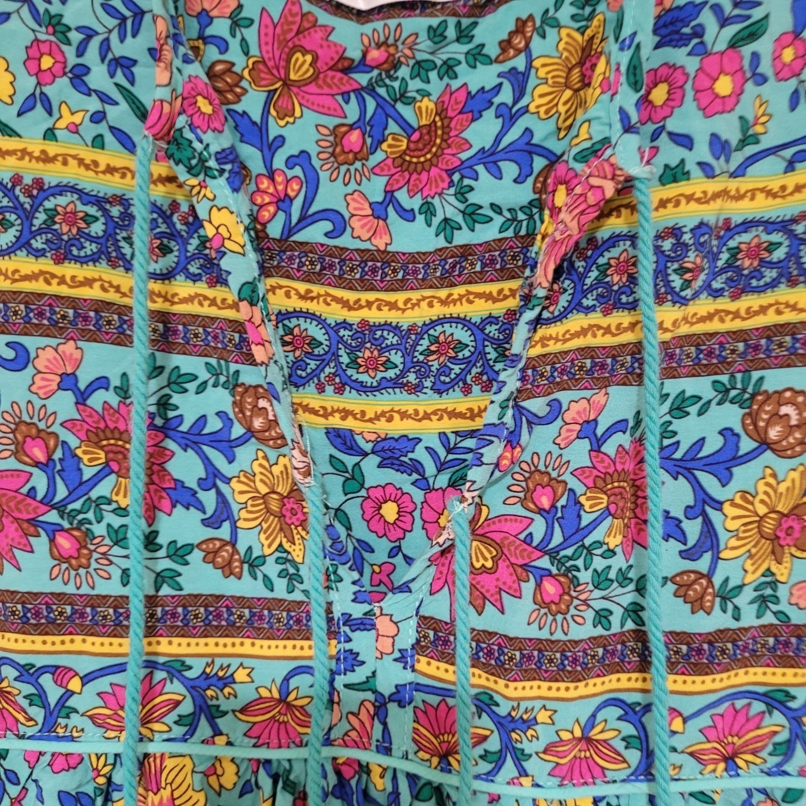 R Vivimos Turquoise Prarie Floral Print Maxi Dress boho Hippie Cottagecore Sz S