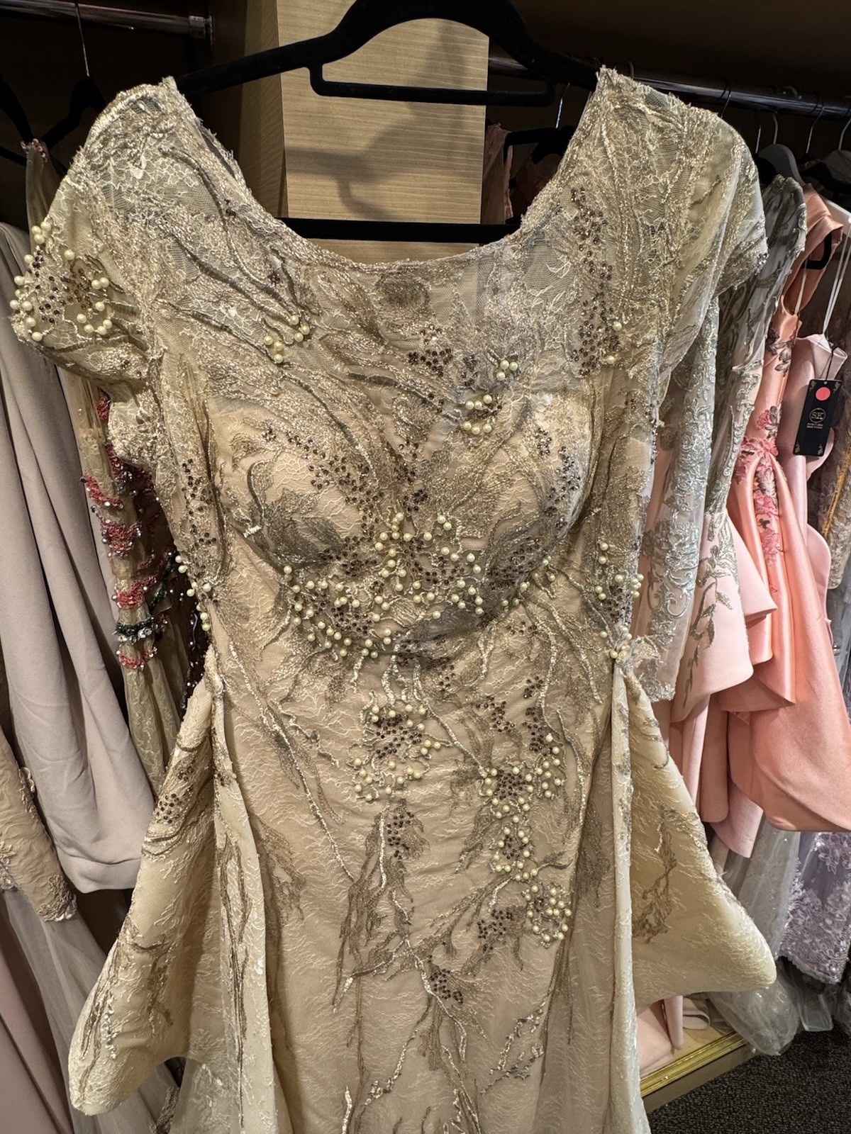 Saiid Kobeisy Gold Ivory Pearl Beaded Lace Peplum Evening Gown Size 46 US 14