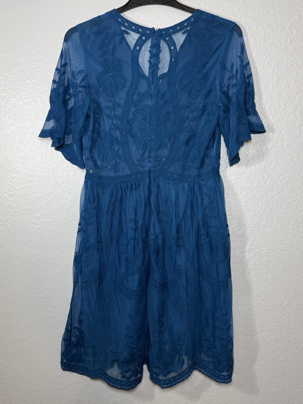 Altar’d State Blue Embroidered Mesh Fit & Flare Dress Knee Length V-Neck Size L