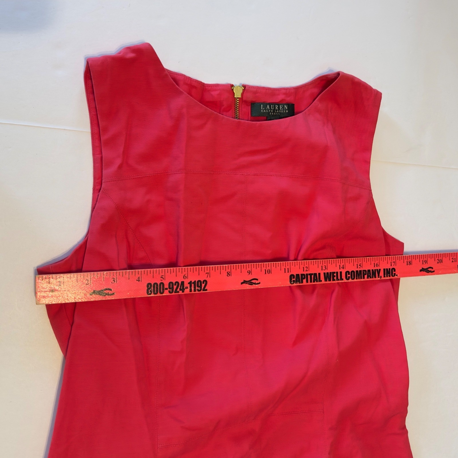 Lauren Ralph Lauren Red Pink Sleeveless Sheath Dress Gold Zip Size 14