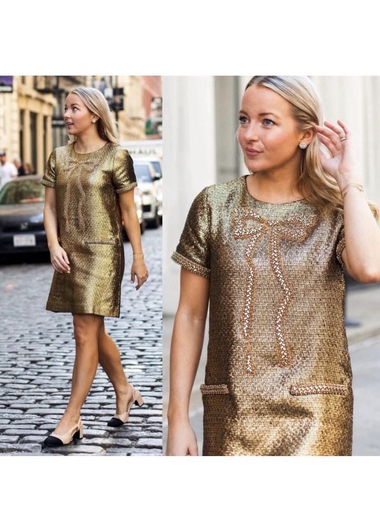 MESTIZA NEW YORK Ainslee Beaded Bow Gold Metallic Tweed SS Mini Dress Sz 2