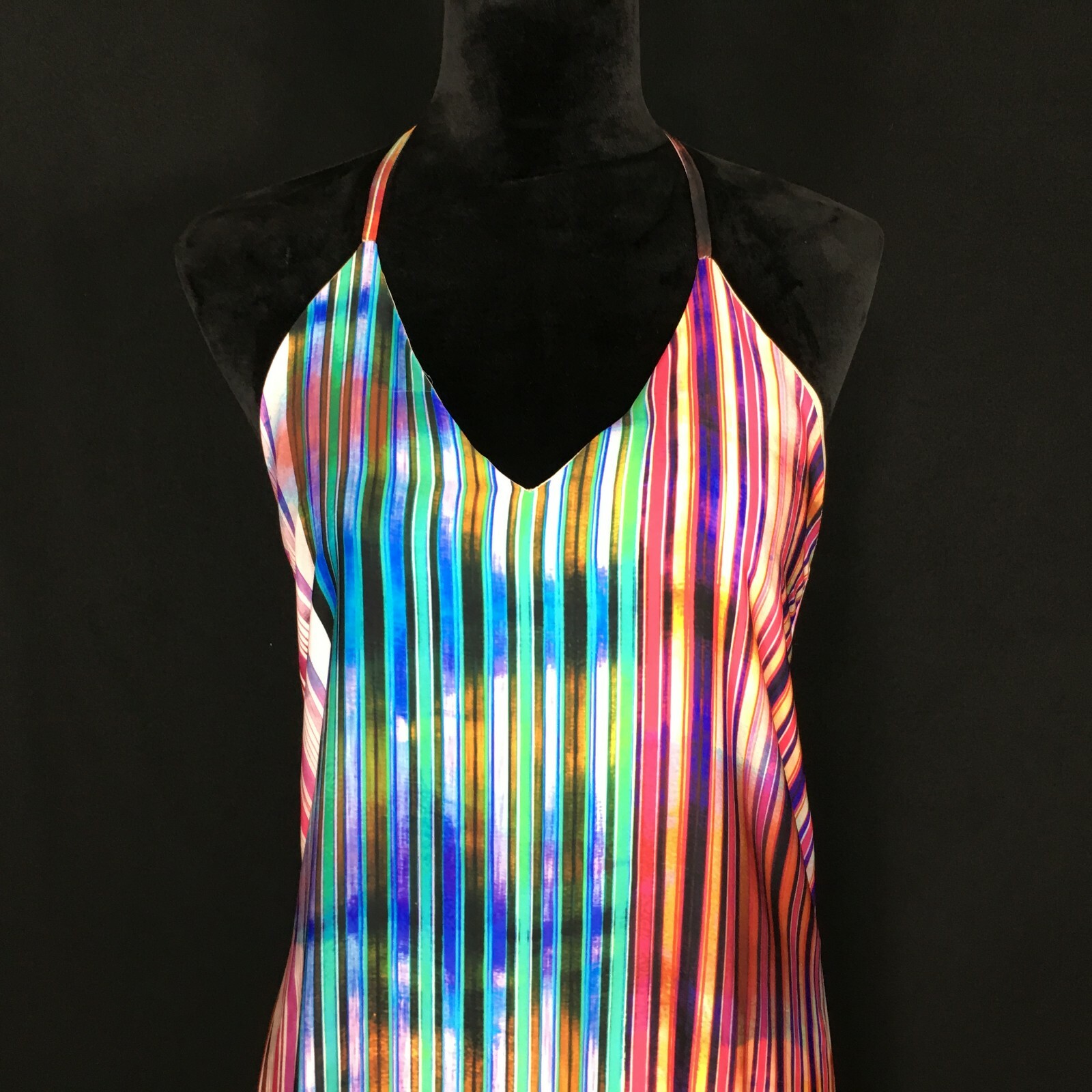 ASKARI Maxi Dress MED Rainbow Long A Line Swing Backless T Back Halter Sexy NICE