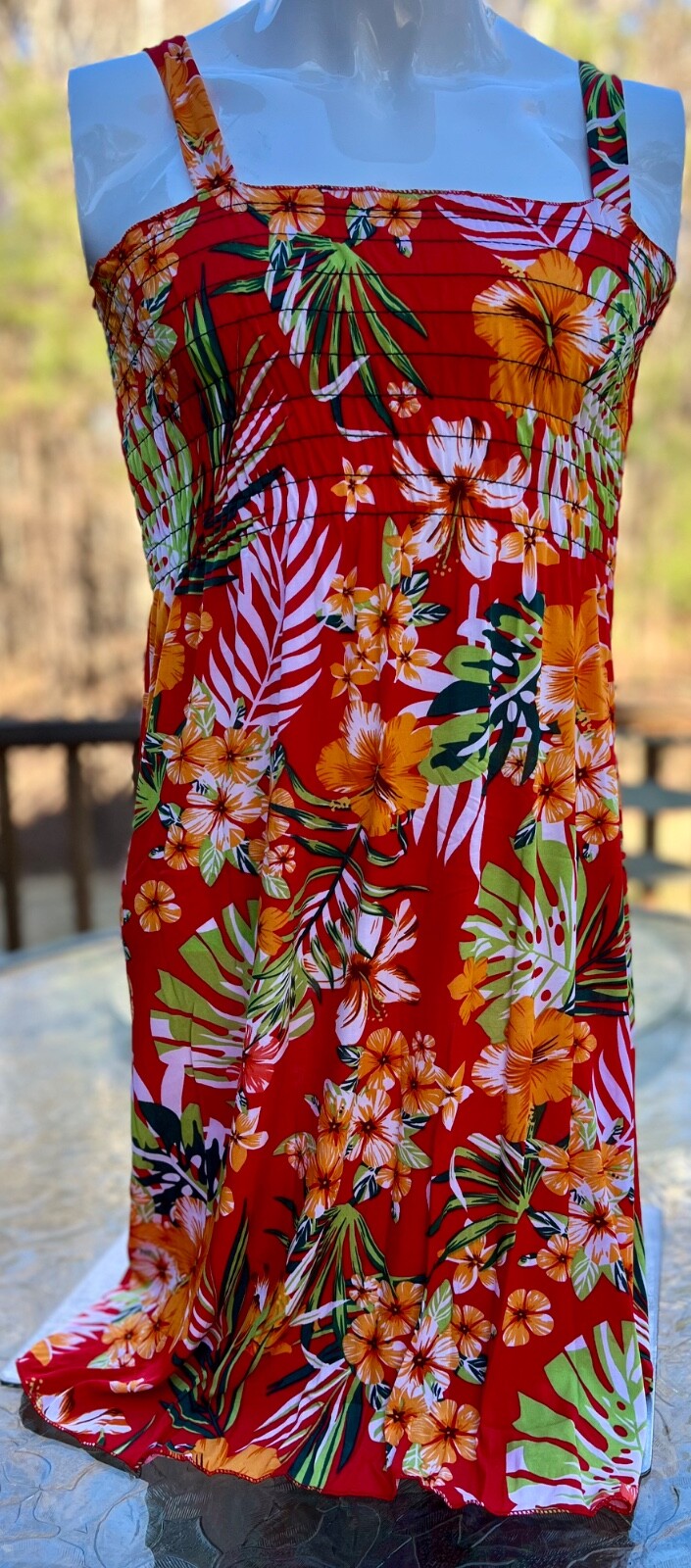 Hawaiian Floral Sundress – Red Smocked Maxi Dress Beach Vacation Luau (M-2XL)