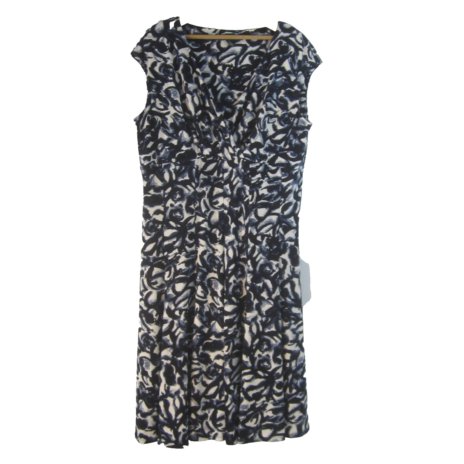 Ralph Lauren Women 18W Navy Blue Ivory Knit Sheath Dress Empire Waist Sleveless