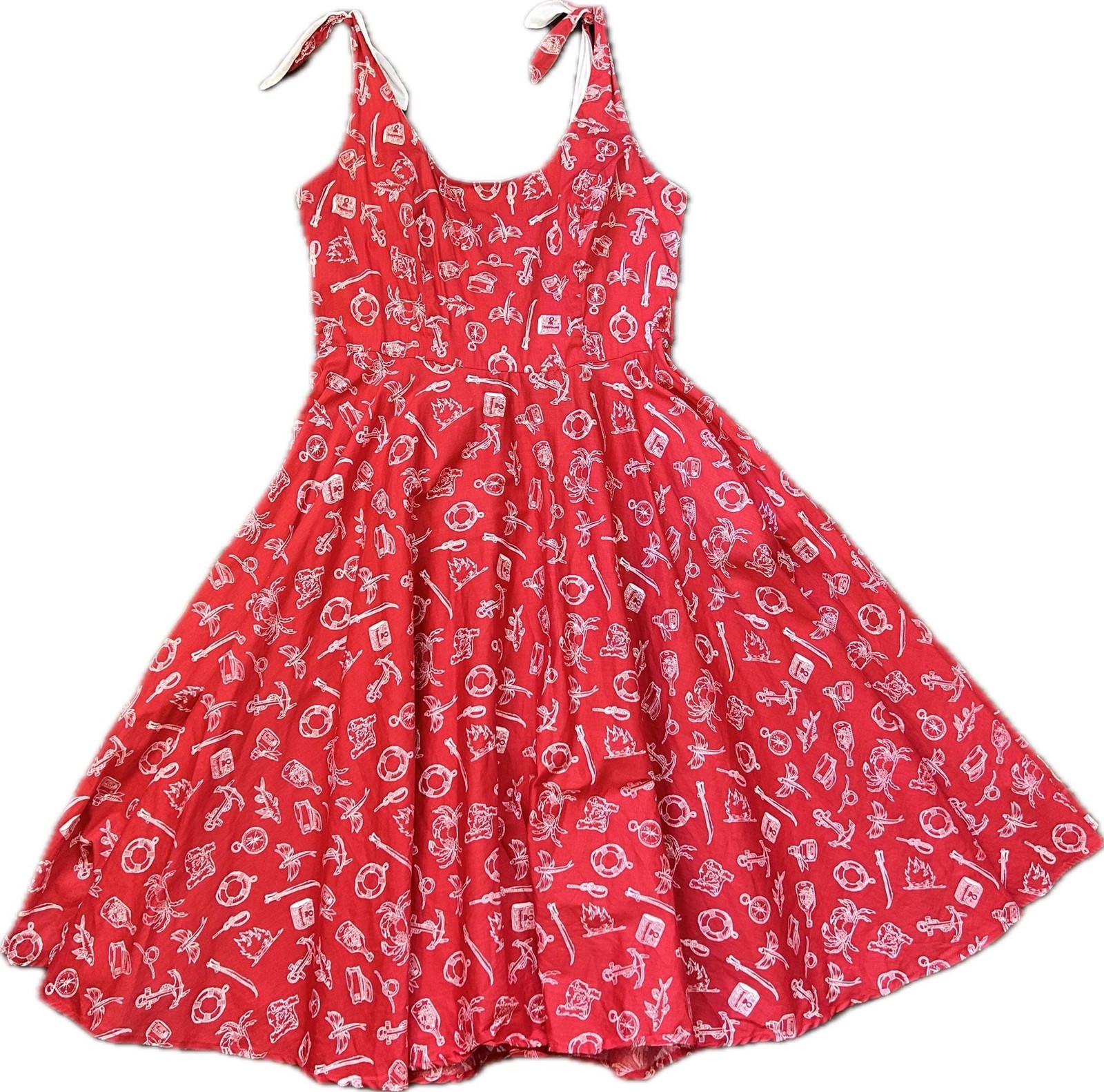 Retro Hell Bunny Red Nautical Print Tie Strap Flare Dress Pinup Swing 40s