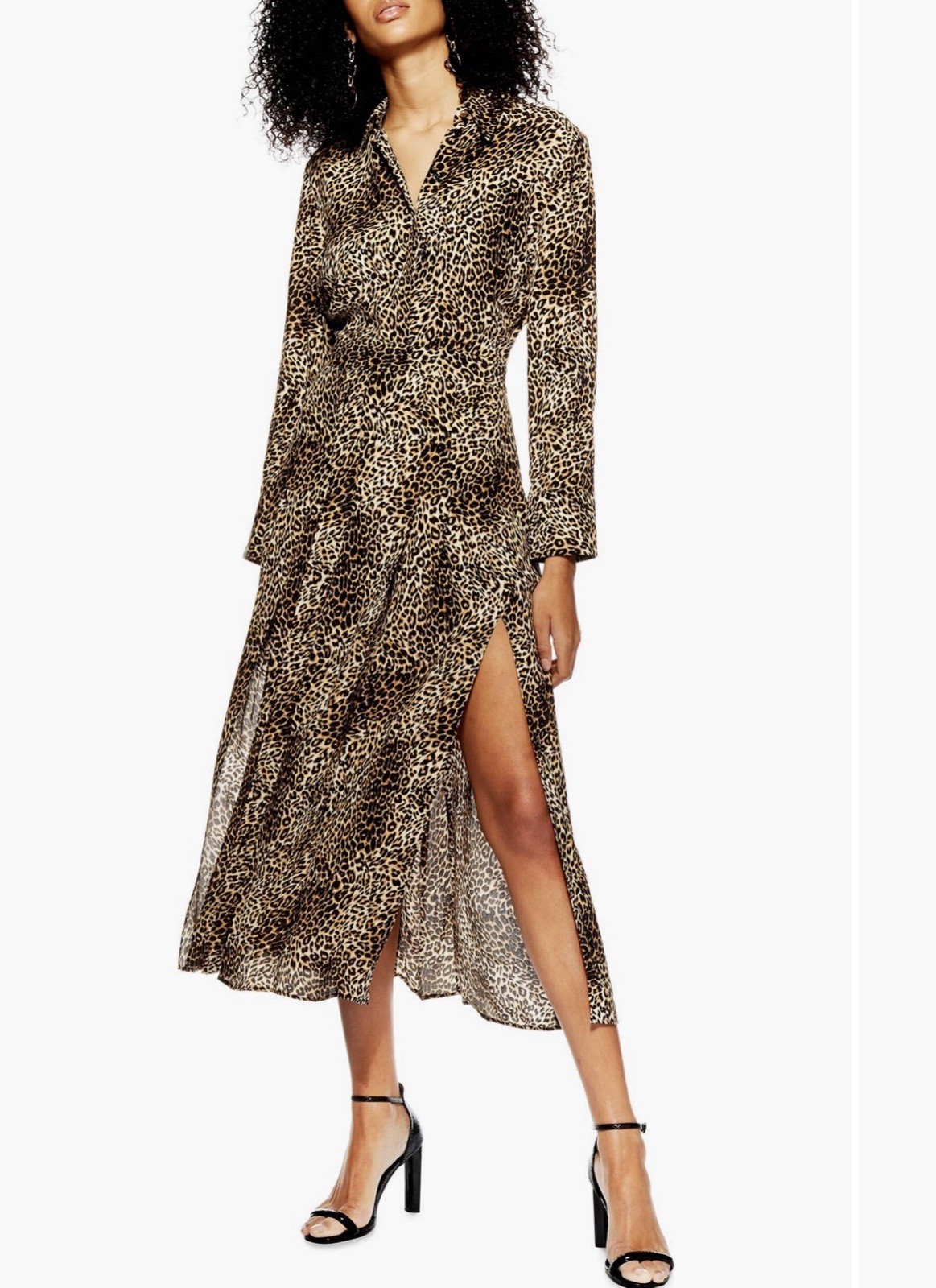 Topshop Leopard Animal Print Long Sleeve Pleated Maxi Dress Button Up Sz 8 UK 12