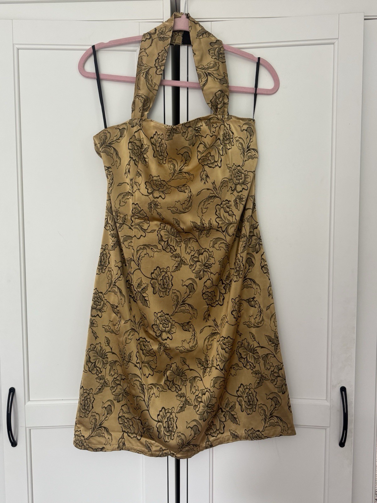 Vintage BHS Gold Floral Jacquard Halterneck Dress & Matching Wrap Set Uk 16 Y2K