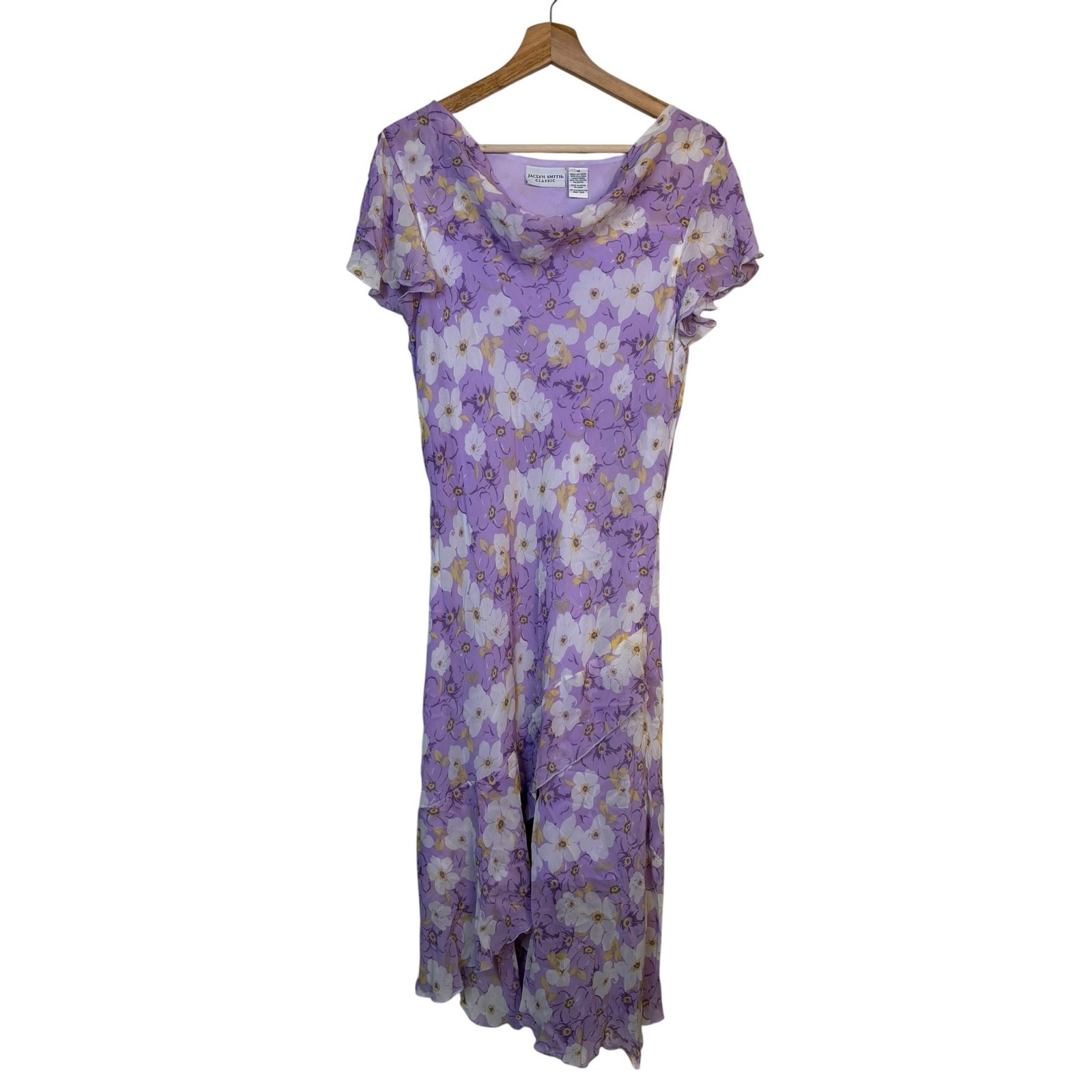 Jaclyn Smith 100% Silk Floral Midi Dress Sz 14 Purple Cowl Neck Cottagecore Y2K
