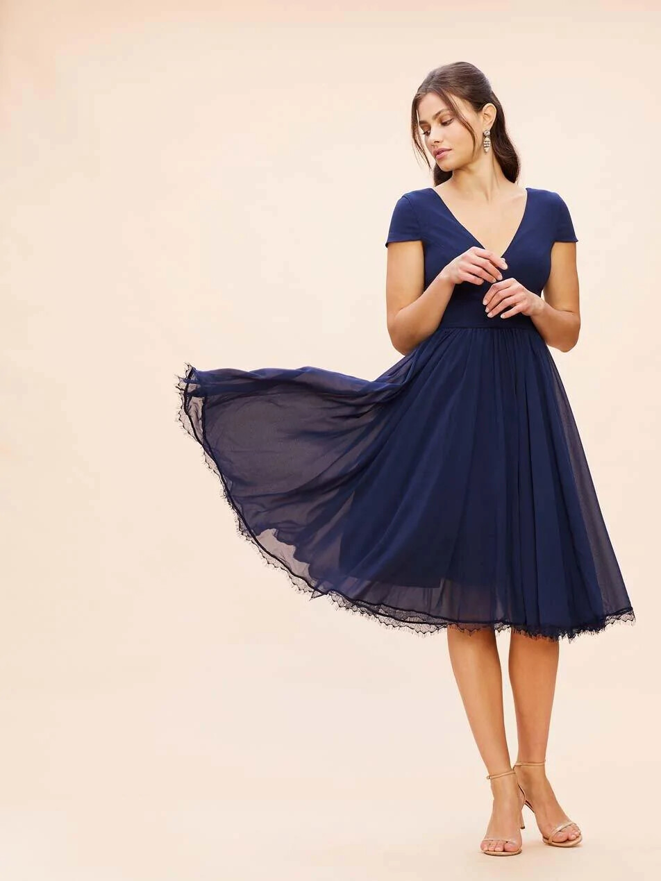 Dress The Population Midnight Blu Corey Chiffon Fit & Flare Cocktail Medium $198