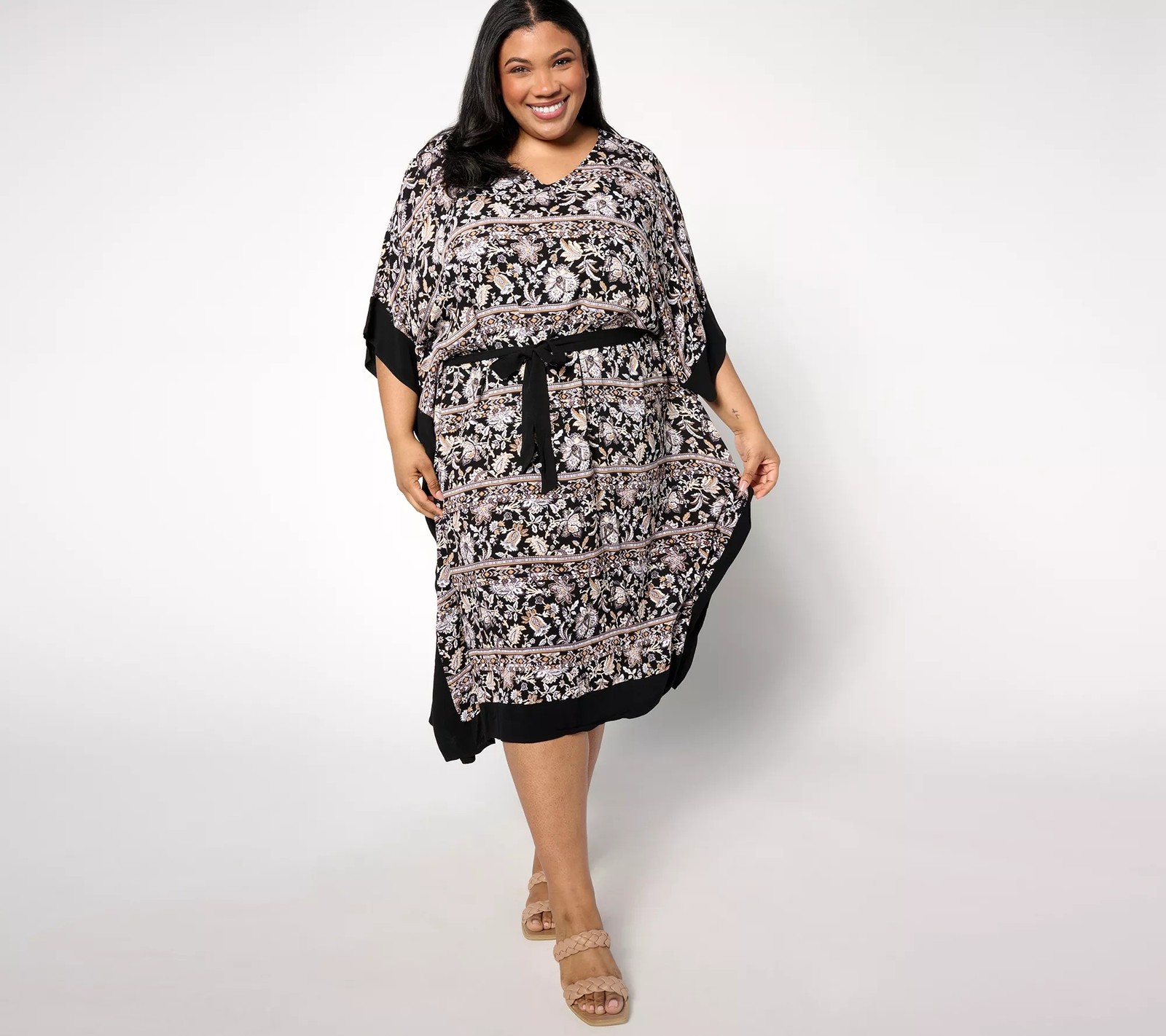 Denim & Co. Beach Woven Crepe Resort Caftan Black Paisley 1X New