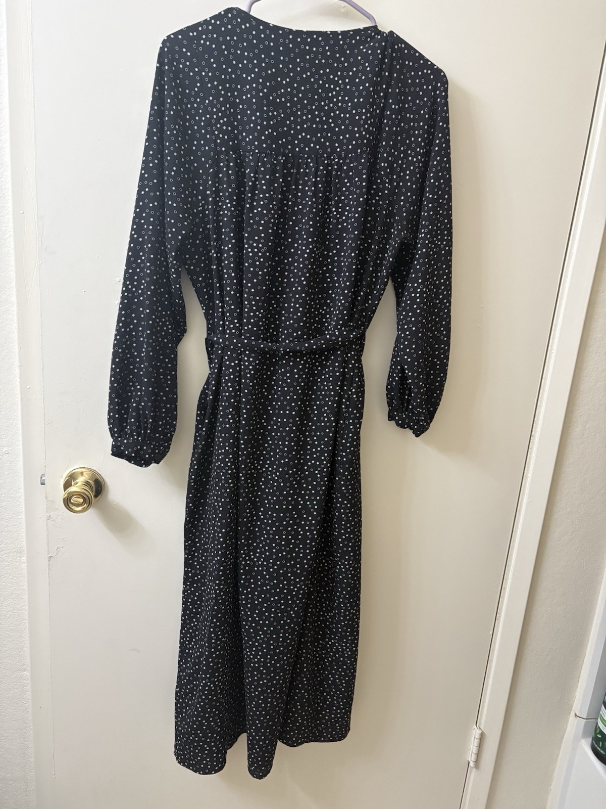 Max Studio Black/White Polka Dot V-Neck Long Sleeve Shirt Midi Dress Belted S
