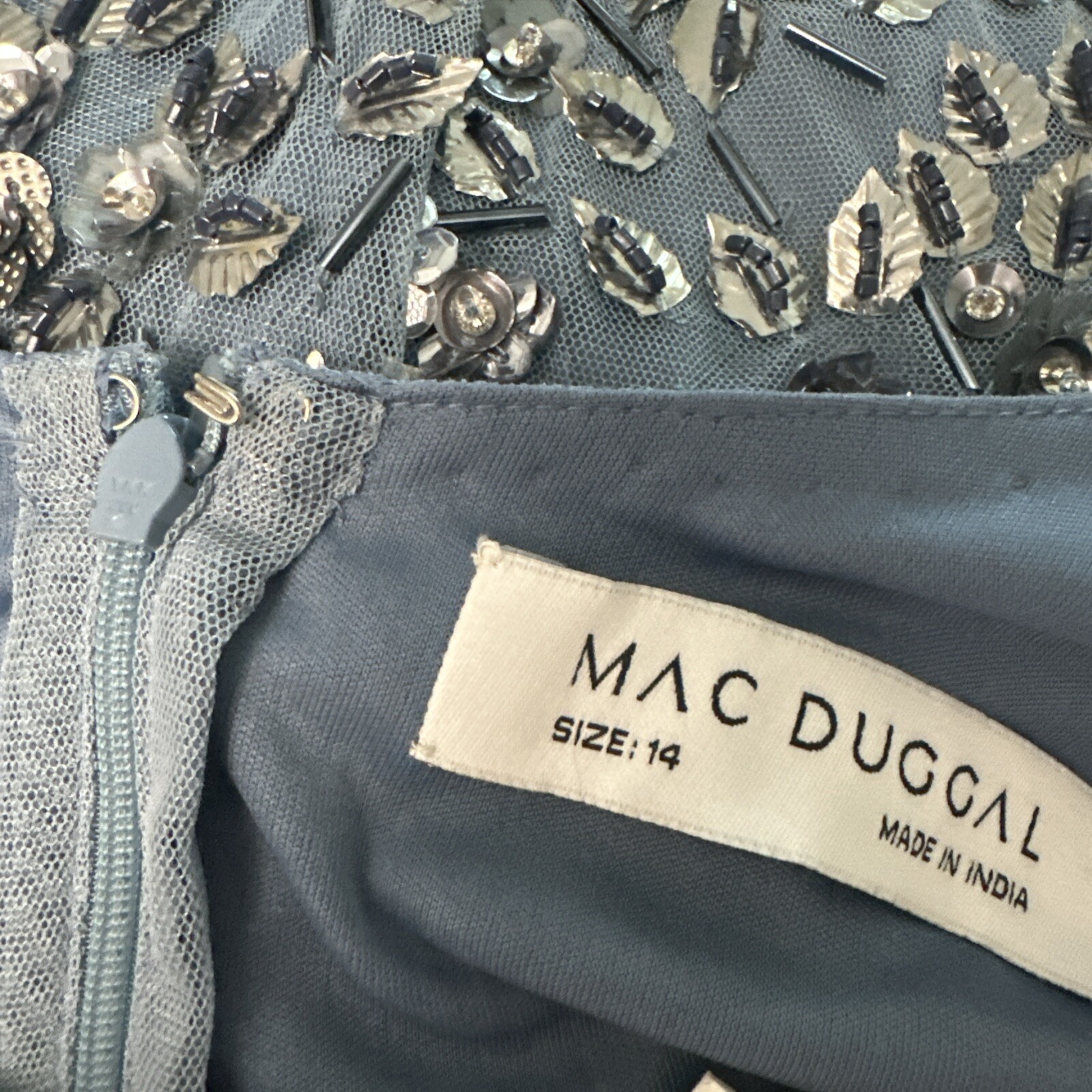 NWT Mac Duggal [ 14 ] 5477 Floral Embellished Scoop Neck Gown Slate Blue #S1657