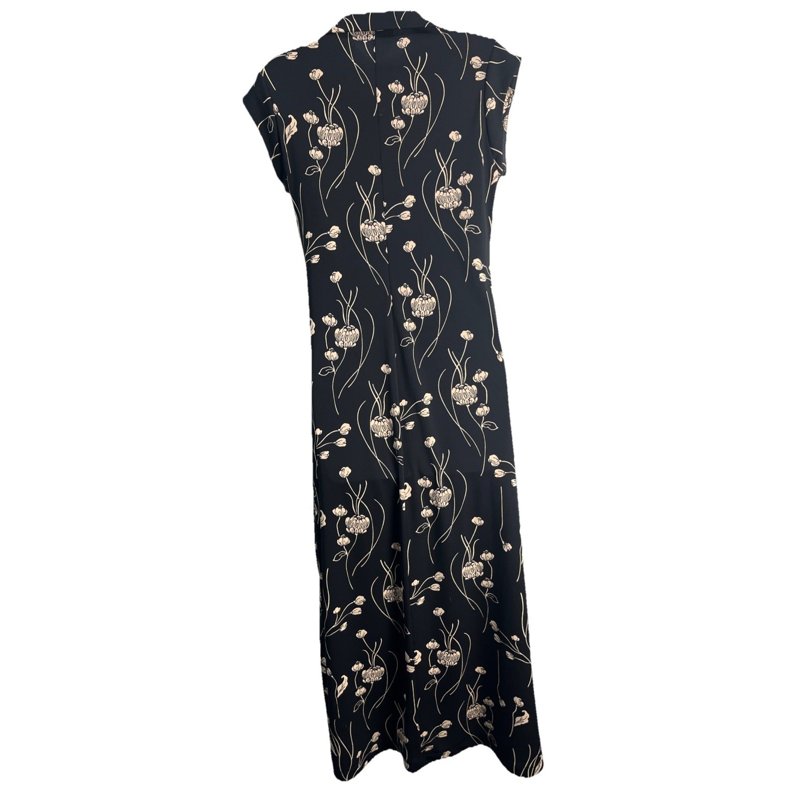 New York & Company Maxi Dress Women M Black Cream Floral V-Neck Cap Sleeve Slit