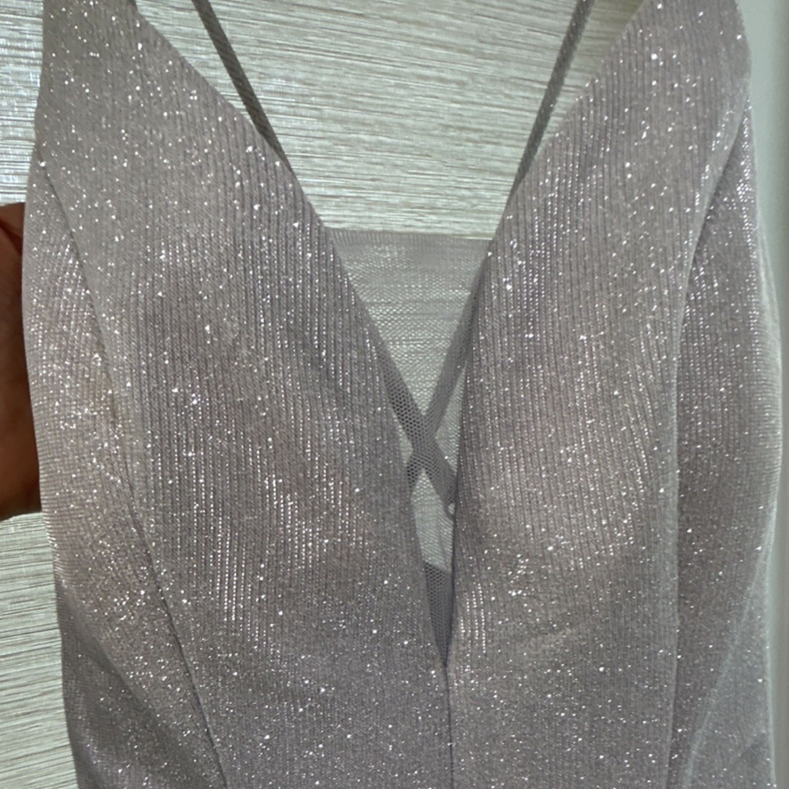 Crystal Doll Silver Satin Glitter Beaded Strappy Long Gown Dress Size 5 V-Neck