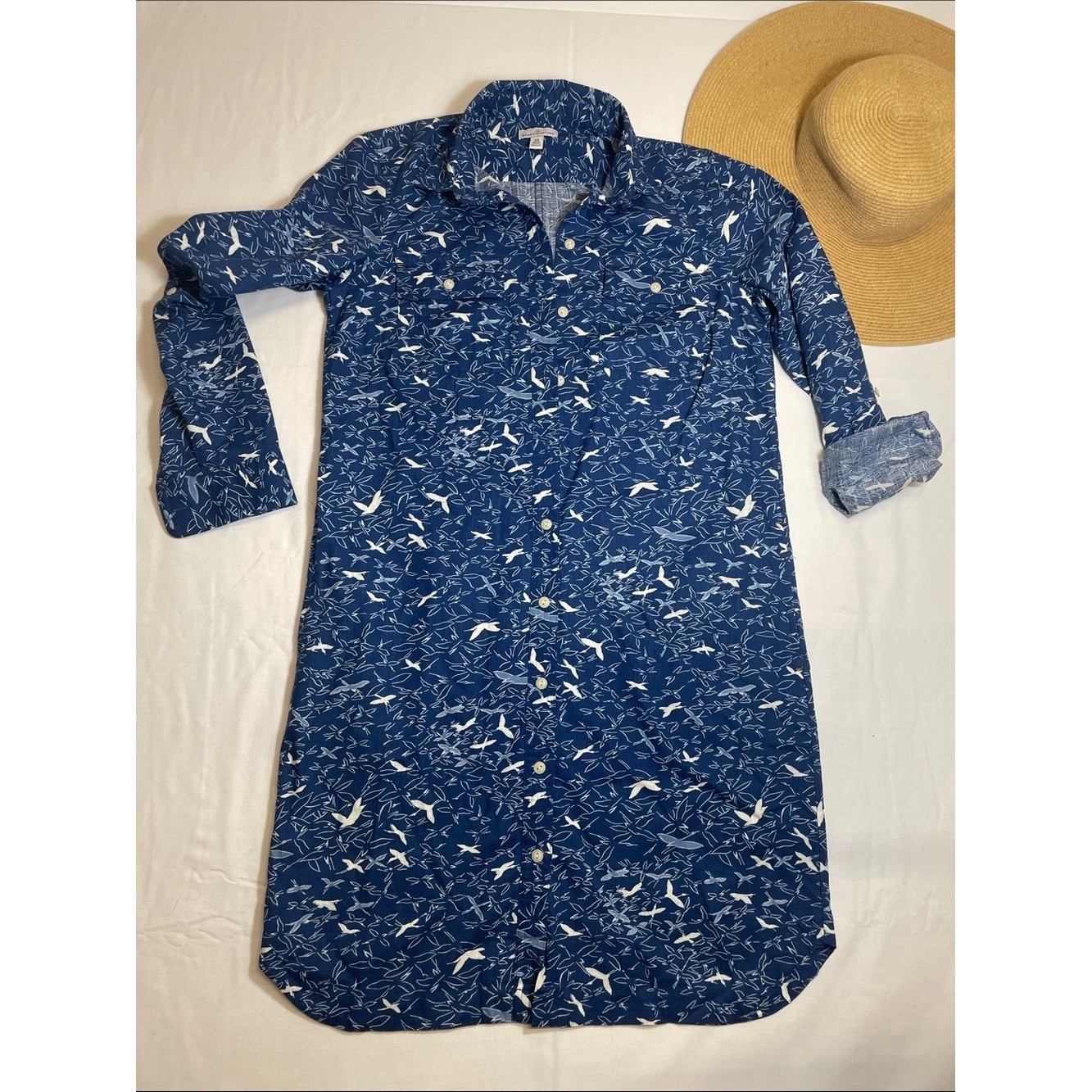 LL Bean Quality 💯 Cotton Shirt dress Navy Birds luxury preppy East coast XS