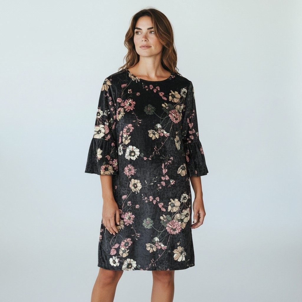 Chicos Velvet Floral Bell Sleeve Dark Romantic Dress Size 2 US 12/14 Black Pink