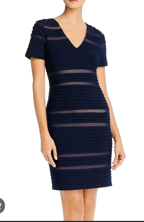 Adrianna Papell Pintucked Spliced Sheath Dress in navy blue Size 8