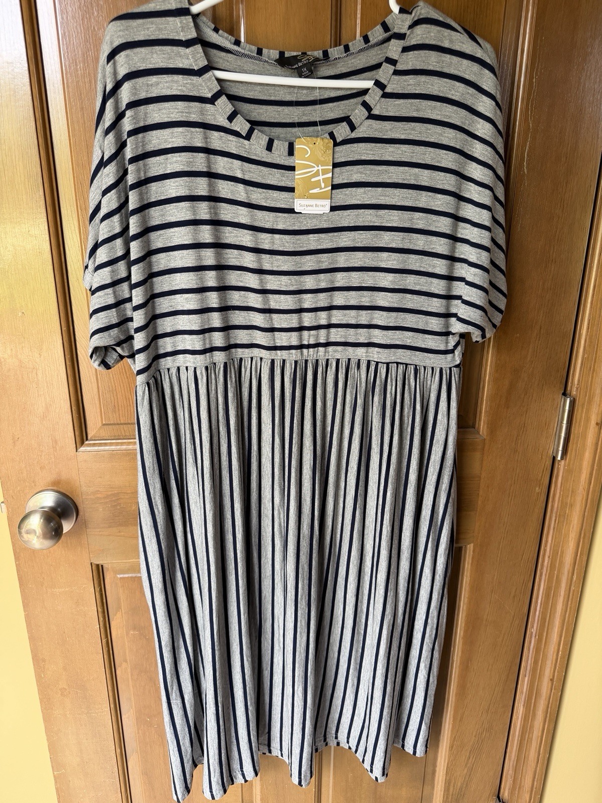 NWT Suzanne Betro A-Line Dress Gray With Navy Stripes 1X $71
