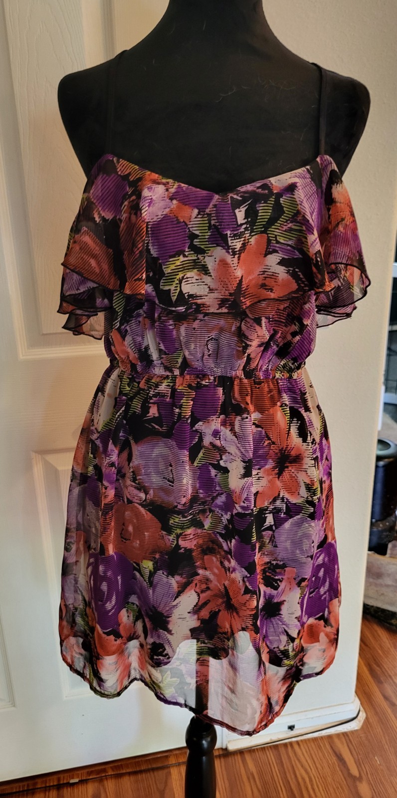 Johnny Martin Purple Orange Floral Chiffon Ruffle Mini Dress V-Neck Strappy S