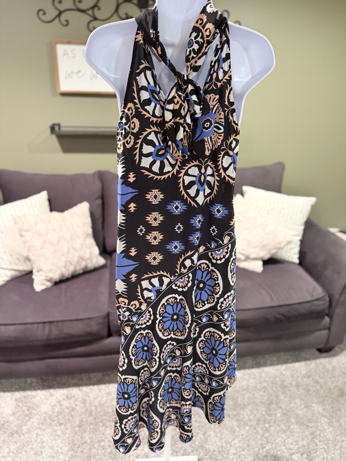Anthropologie XS 100% Silk Boho Black Blue Beige Floral Halter Midi Shift Dress