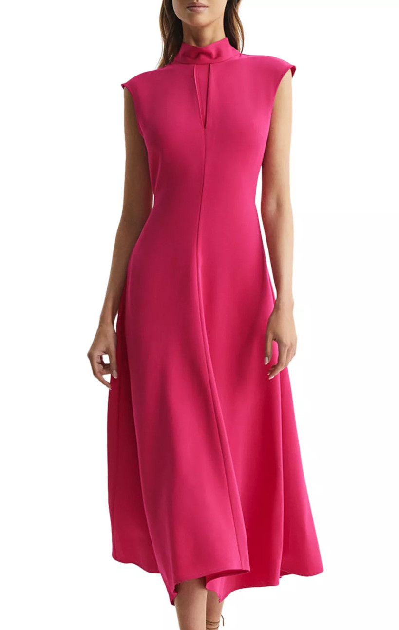 REISS Livvy Pink Open Back High Neck Sleeveless Fit & Flare Midi Dress 4 $268