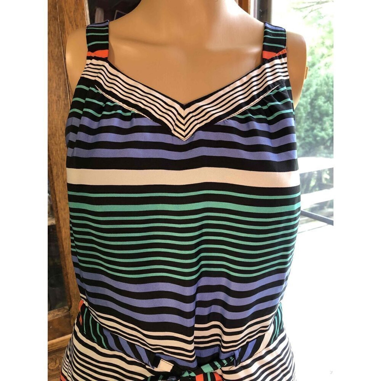 Merona Green Orange Striped Sleeveless Sundress V Neck Waist Tie Good Size xs