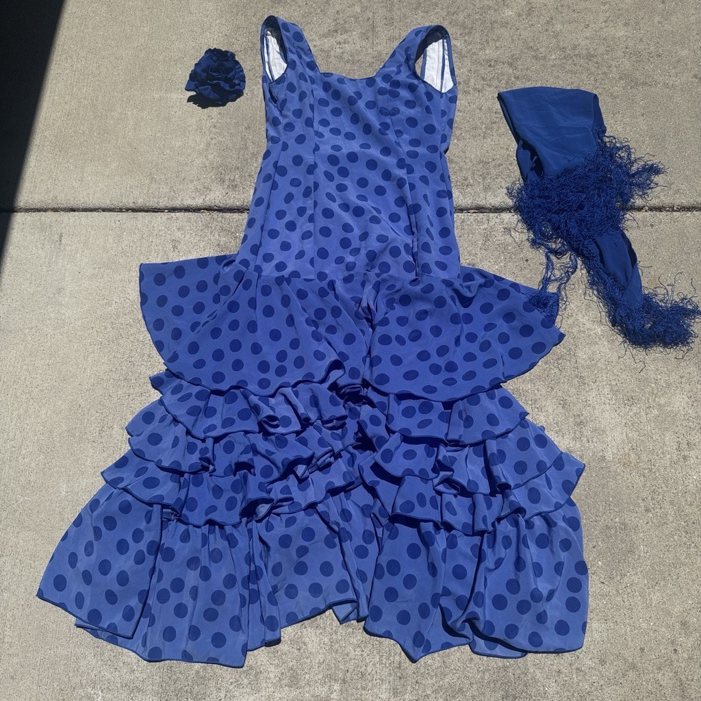 BluePolka Dot Neck flamenco dress from Spain . Ruffle Lined w/ Shawl & Flower