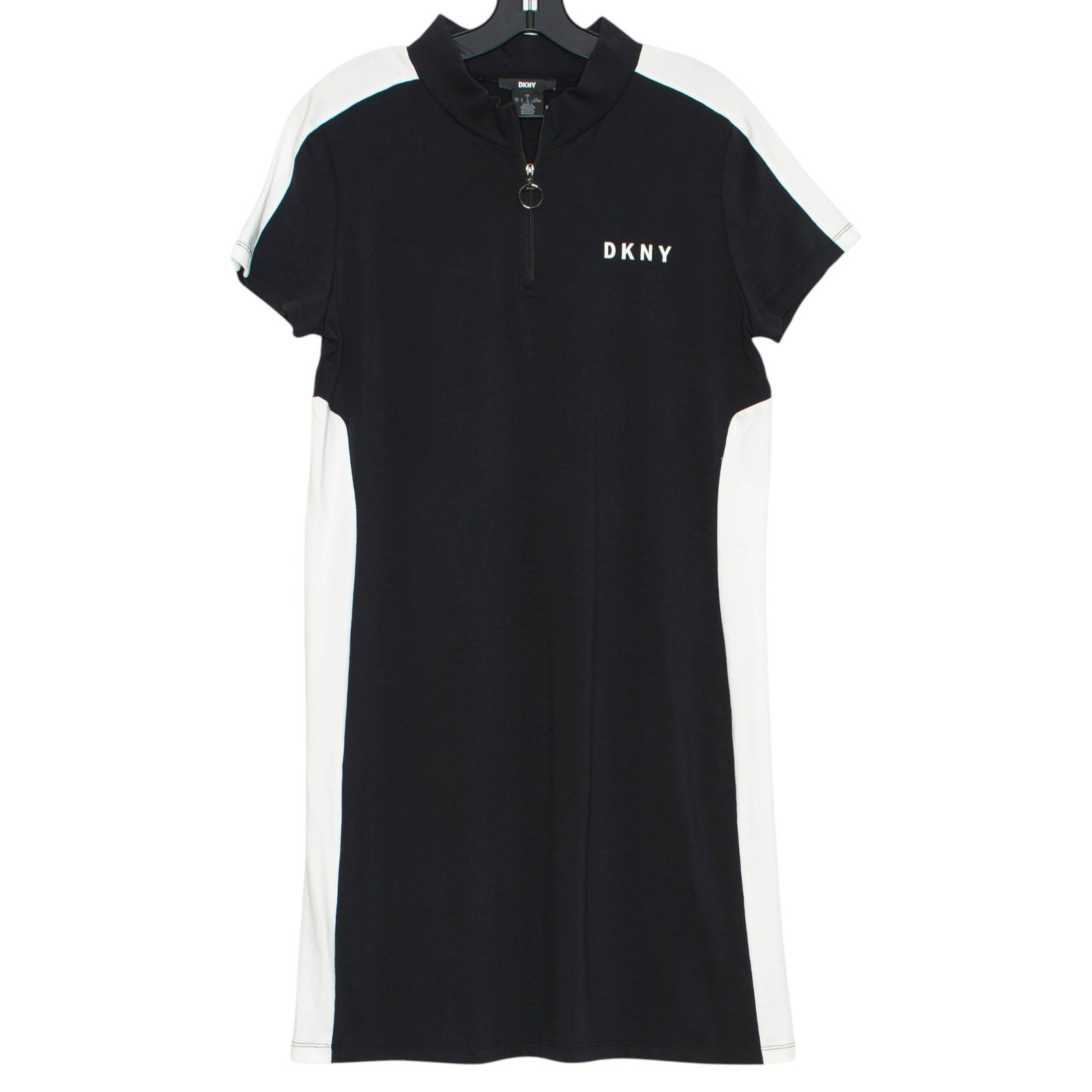 NEW DKNY Dress Stretch Colorblock Athleisure Sporty Logo 1/4 Zip Black White L