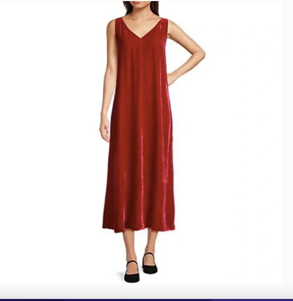 Eileen Fisher Dress Red Scarlet Velvet V-Neck Midi Sleeveless Nwt L