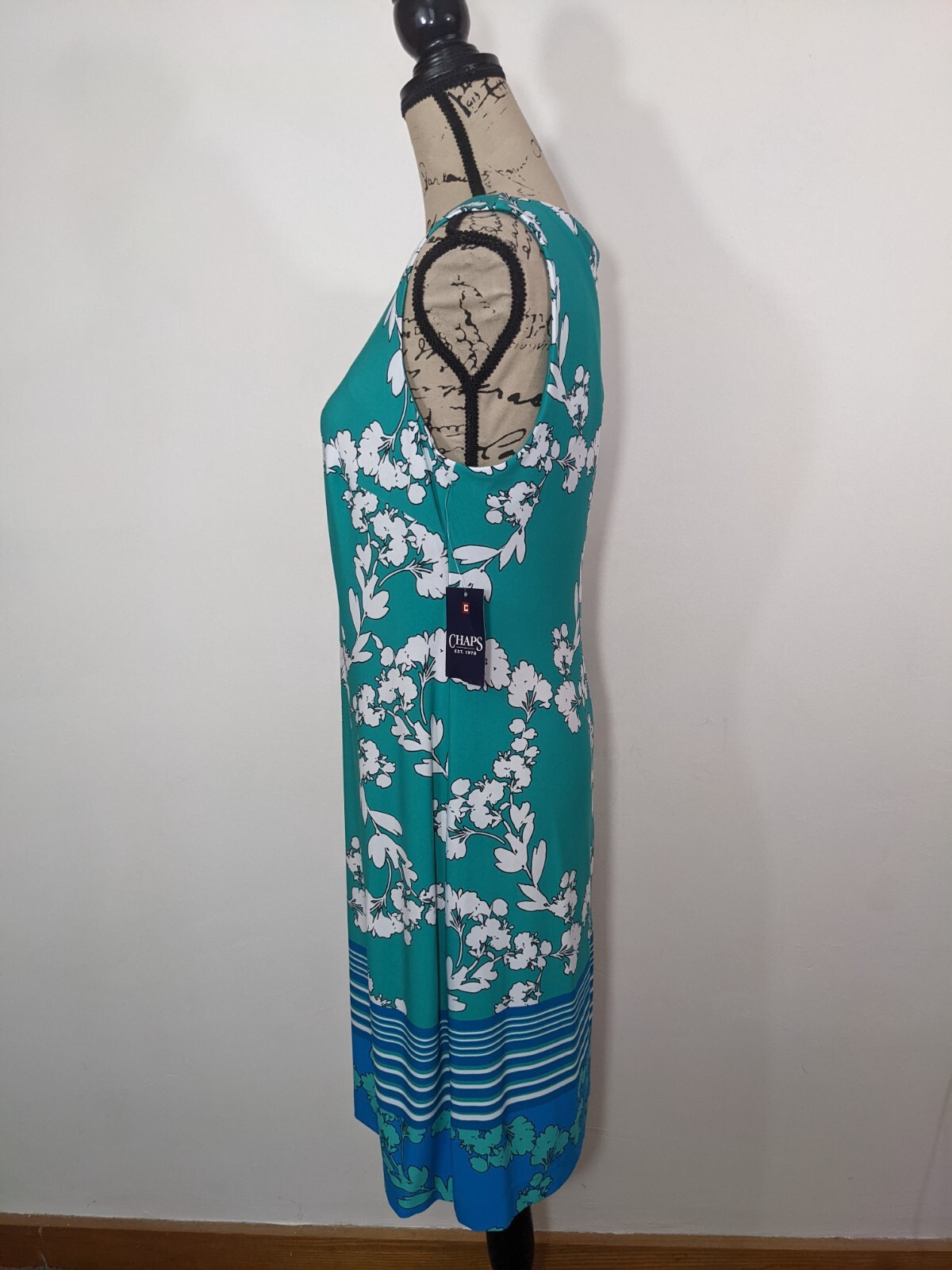 NWT CHAPS Floral Jersey Sheath Dress Green Blue White Stretch Sleeveless Sz 10