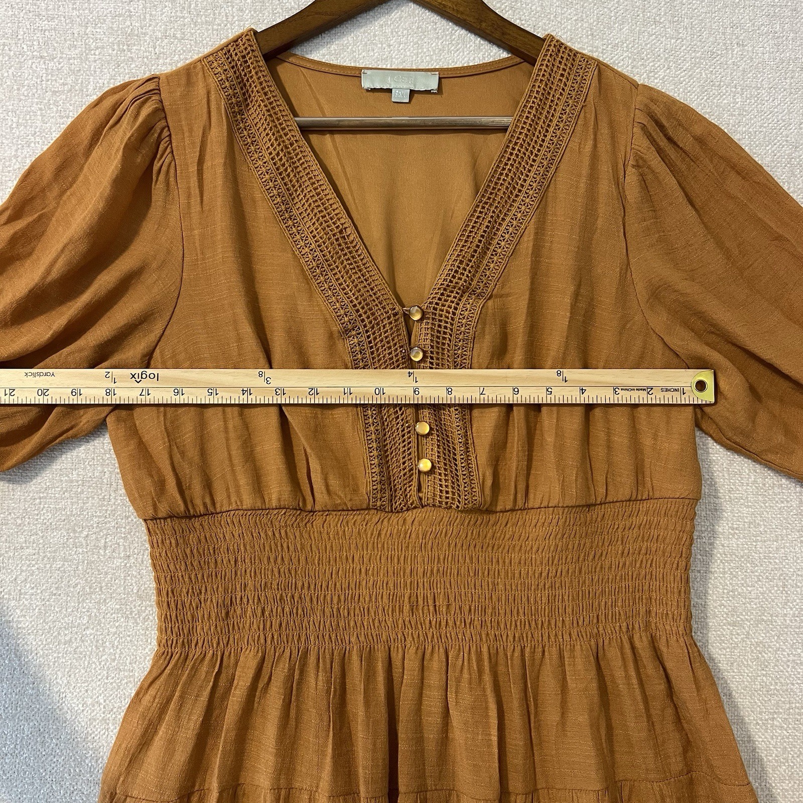 J Gee Boho Puff Sleeve Tiered Orange Maxi Dress Smocked Cottagecore Size XL