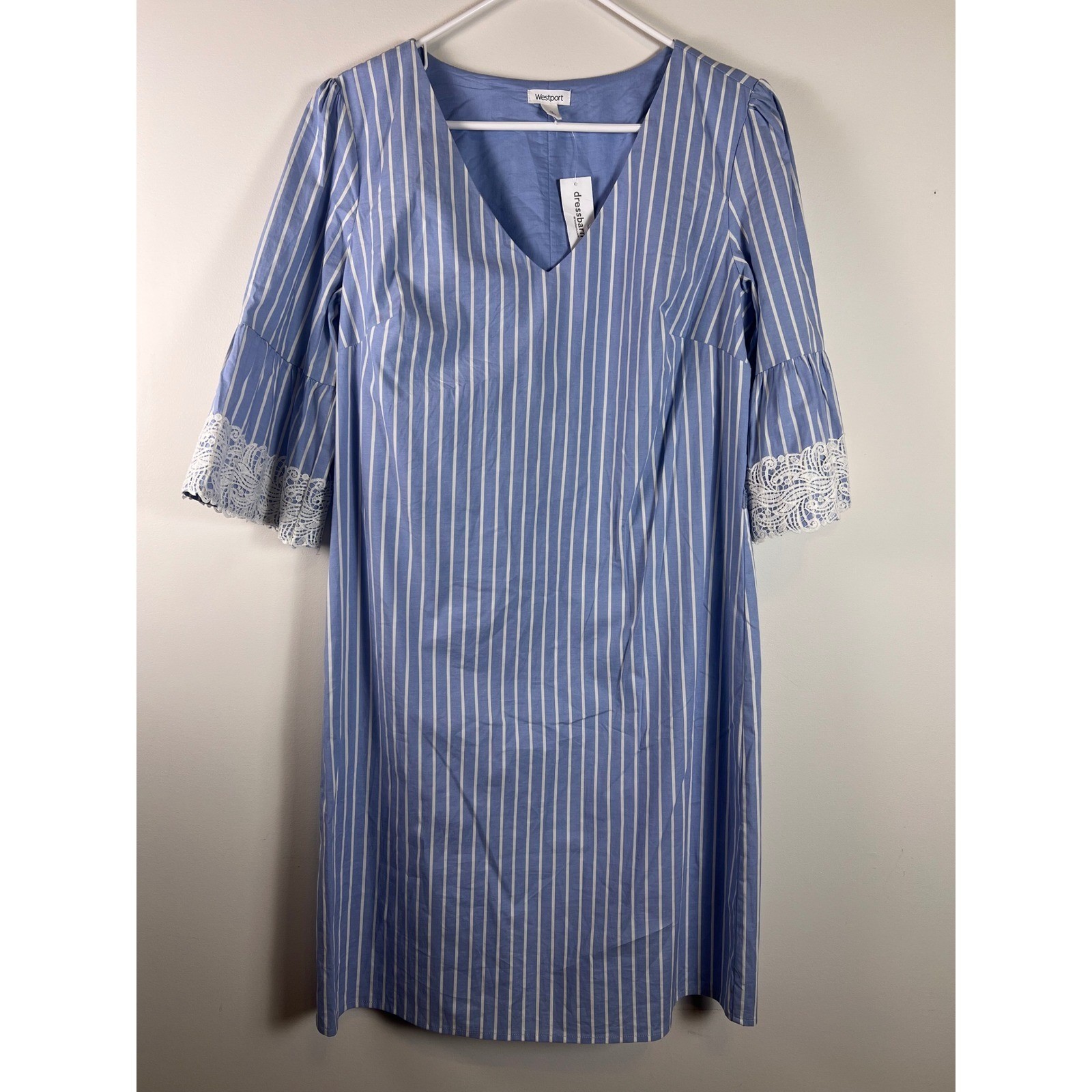 Westport Blue White Stripe Lace Bell Sleeve V Neck Midi Dress Women’s Sz 12