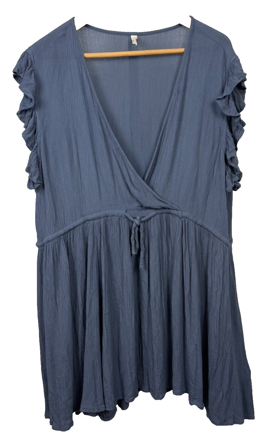 Elan Boho Ruffle Mini Dress XL Blue Crinkle Drawstring Coverup Cottagecore