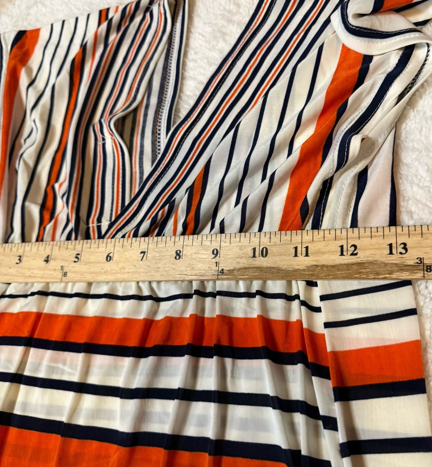 Second Skin NYC Striped V-Neck Midi Dress – Orange, Navy, White Size Large