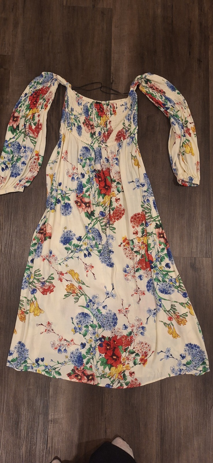 Zara Woman Off Shoulder Floral Smocked Peasant Dress Long Puff Sleeve Boho Size