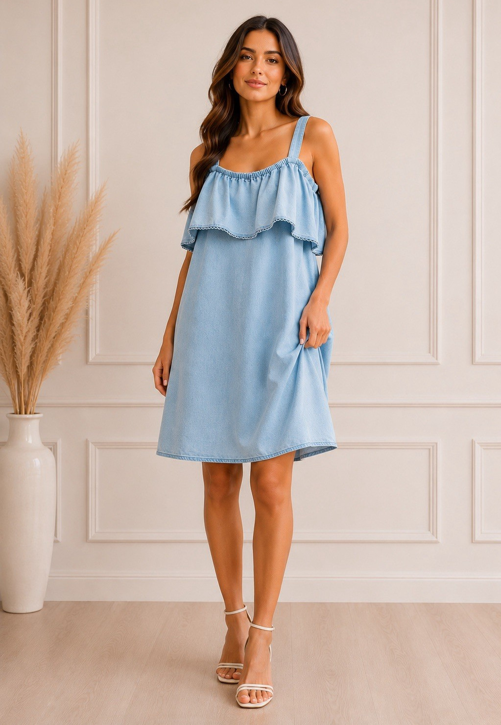 Terra & Sky Light Blue Ruffle Cold Shoulder Dress | 2X (20W-22W)