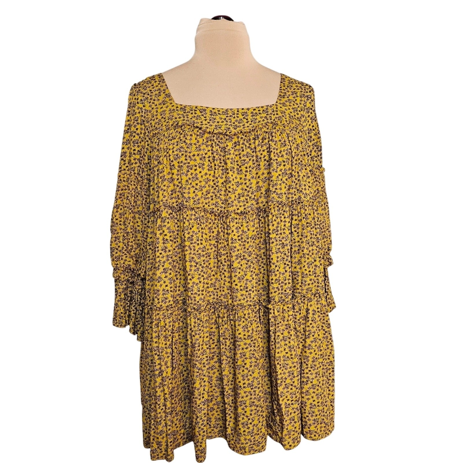 Easel Ruffled Tiered Long Sleeve Sundress Mini Babydoll Dress Boho Ditsy Floral